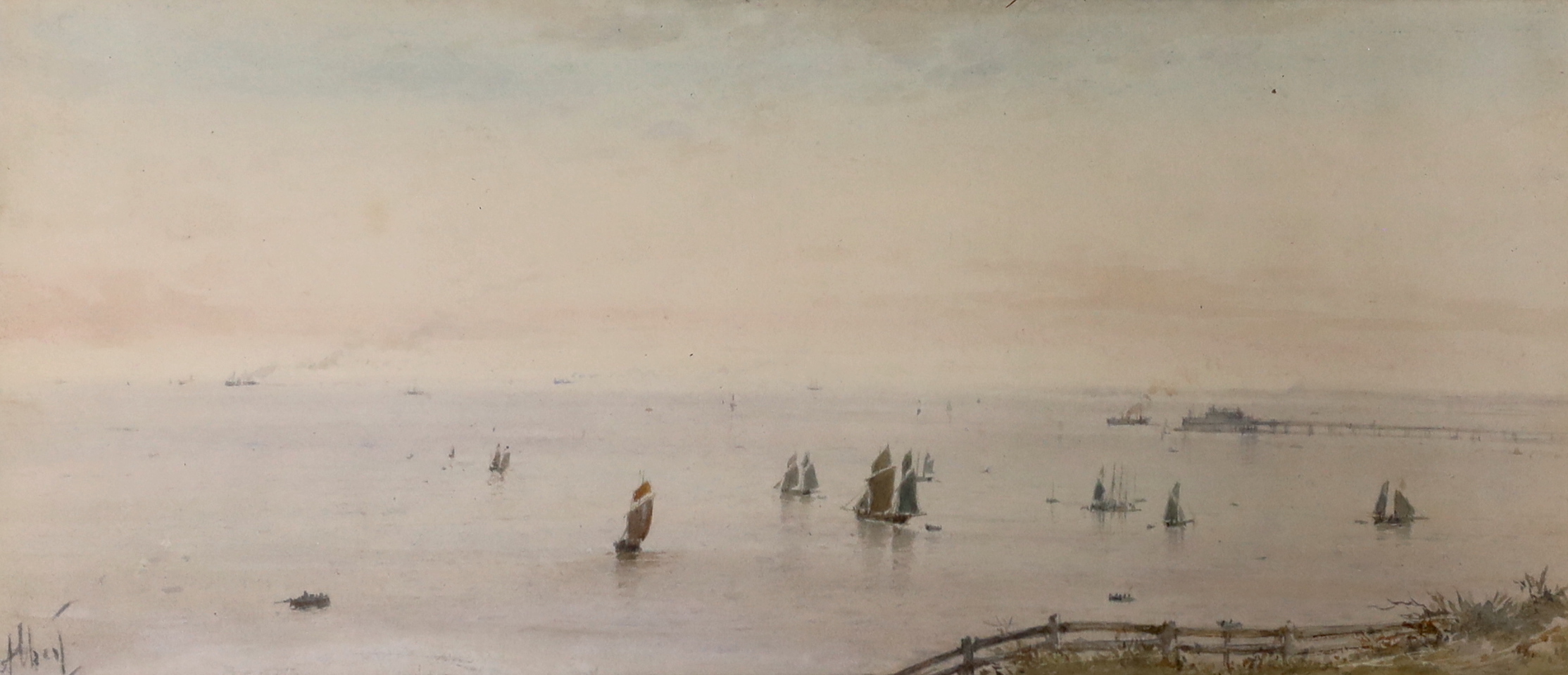 Albert Ernest Markes (1865-1901) watercolour, 'View of Brighton beach with boats', signed, 34 x 16cm